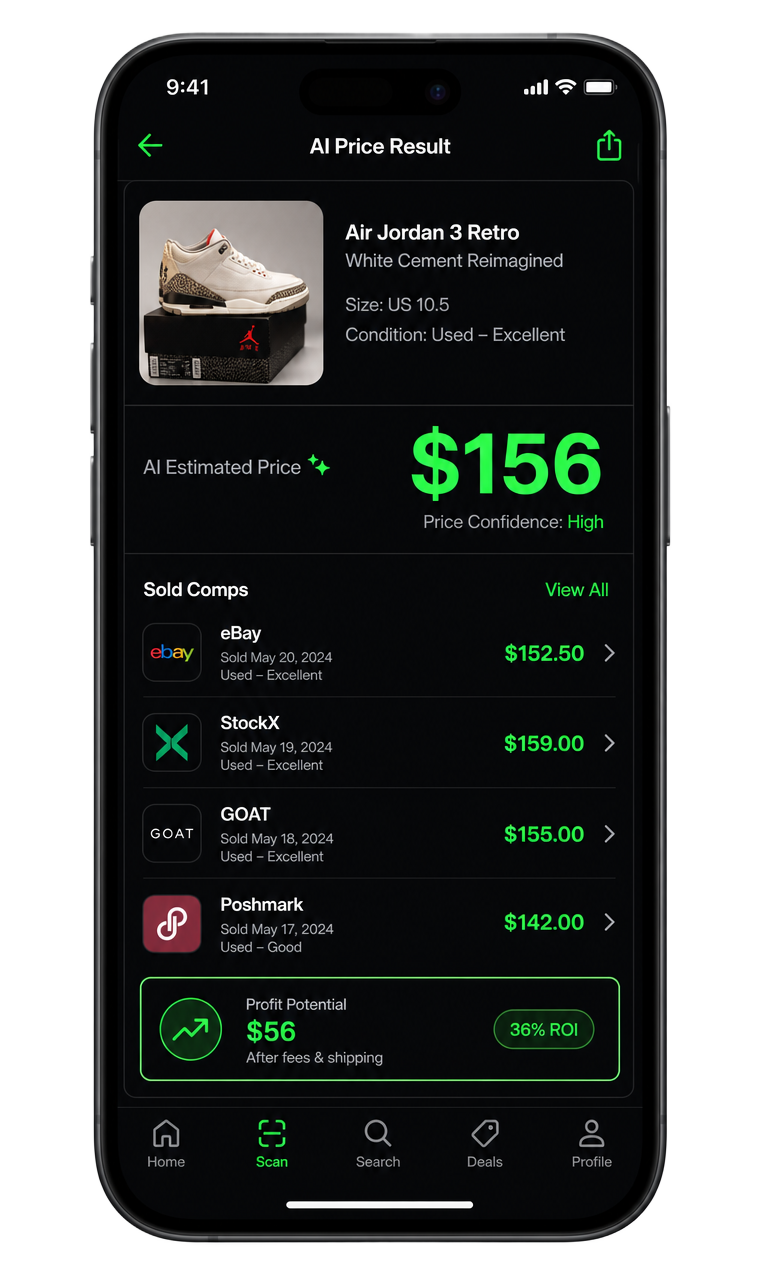 FlipAI app screen: See asking prices plus an AI estimate